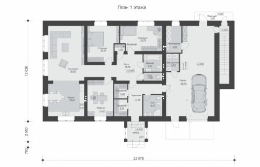 Одноэтажный дом с подвалом и гаражом